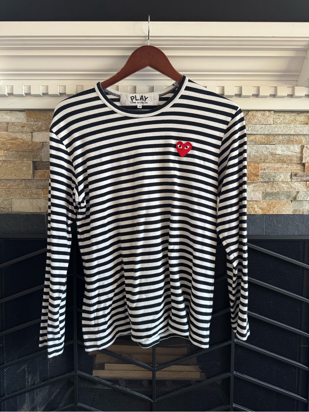 Comme des Garçons PLAY Black & White Striped Long Sleeve Tee with Red Heart